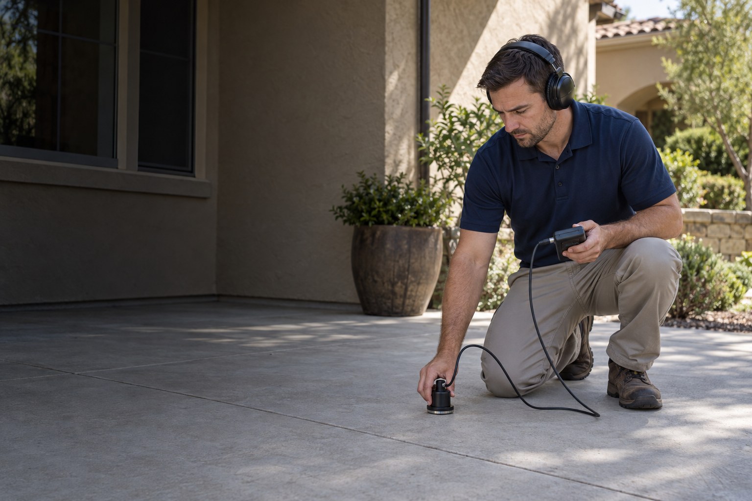 Worker using an acoustic device to locate a water leak